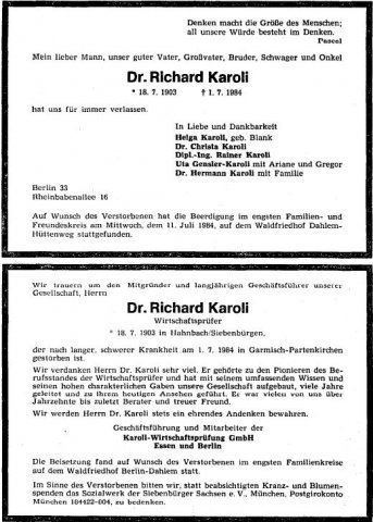 Karoli Richard 1903-1984 Todesanzeige